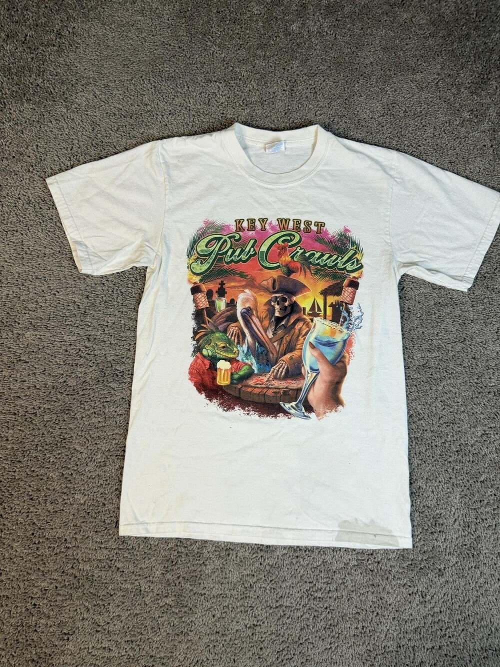 Key West Pub Crawls Shirt Mens S White Skeleton Pirate Graphic Tee Souvenir